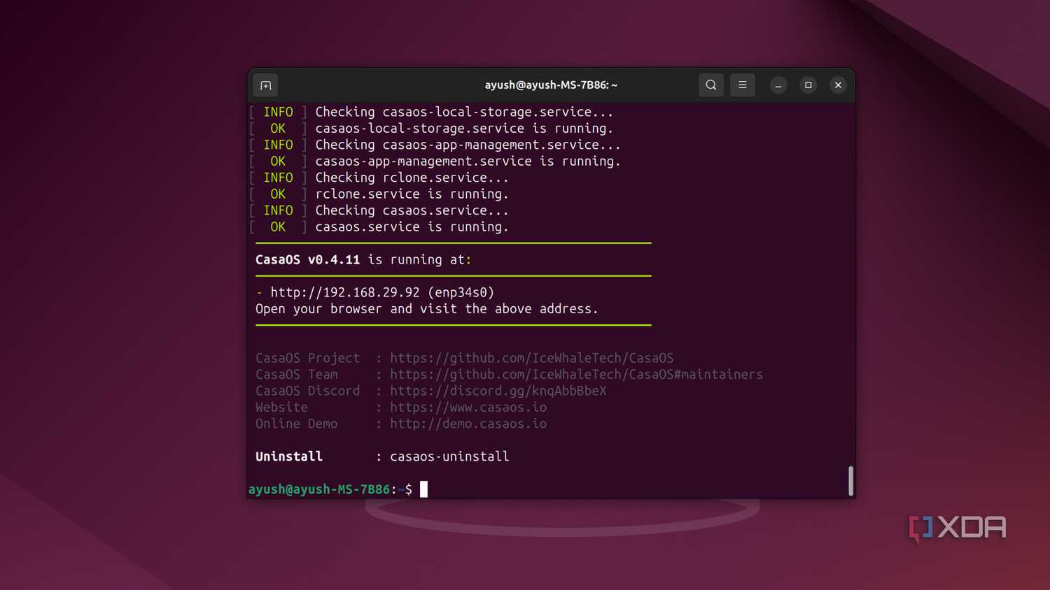 The IP address of the CasaOS server on Ubuntu