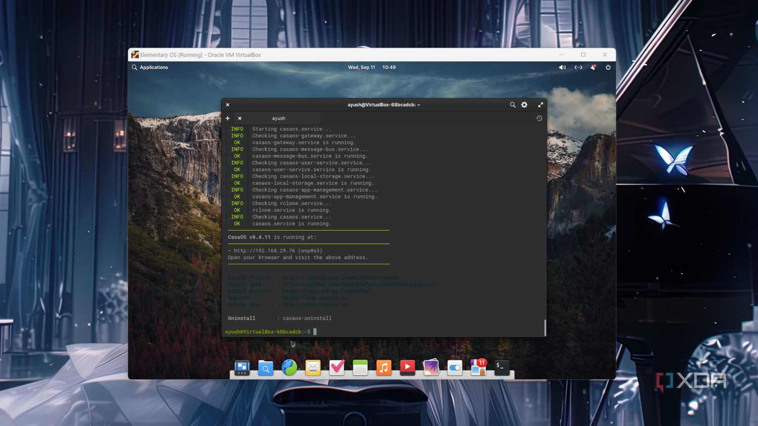 The CasaOS webUI visible inside a VirtualBox VM