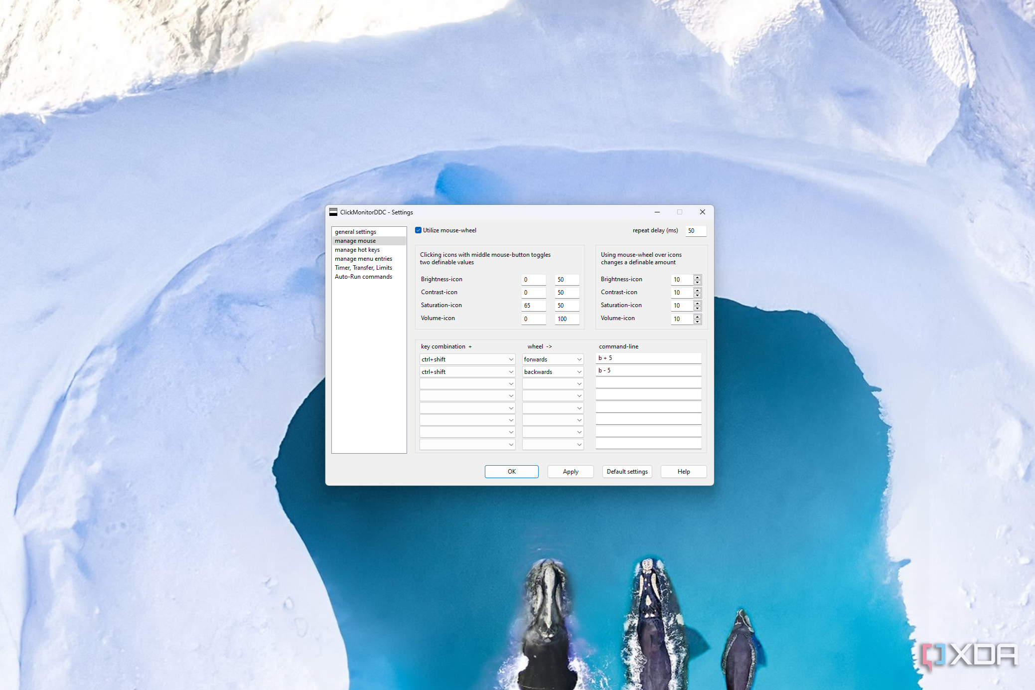 ClickMonitorDDC settings showing command-line arguments associated with a combination of key presses and mouse wheel scrolls
