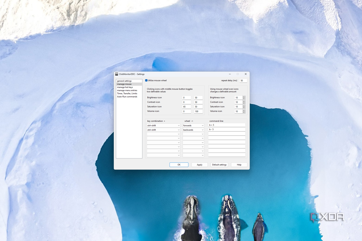 ClickMonitorDDC settings showing command-line arguments associated with a combination of key presses and mouse wheel scrolls