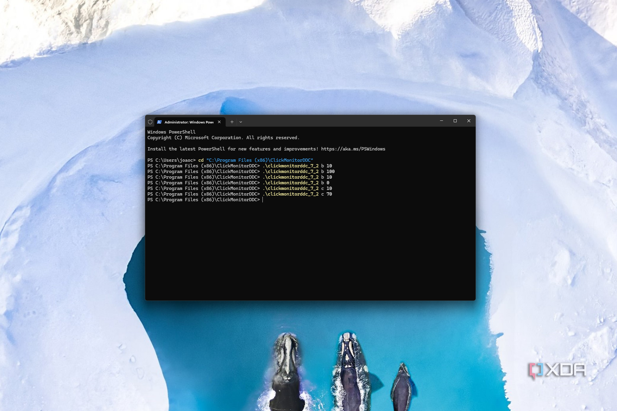 Windows Terminal after running multiple commands to change brightness and contrast using ClickMonitorDDC