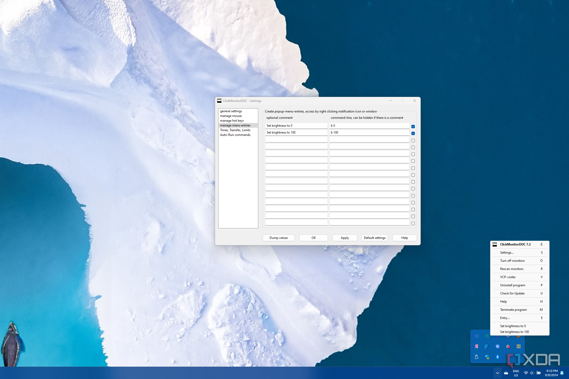 The ClickMonitorDDC settinghs window showing menu entries and their respective command line inputs, with the flyout menu showing the same entries added