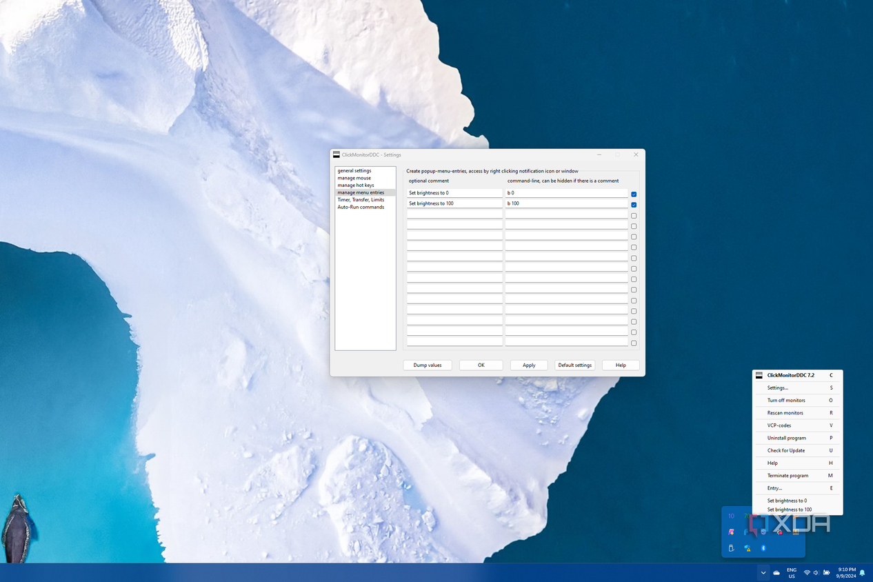 The ClickMonitorDDC settinghs window showing menu entries and their respective command line inputs, with the flyout menu showing the same entries added