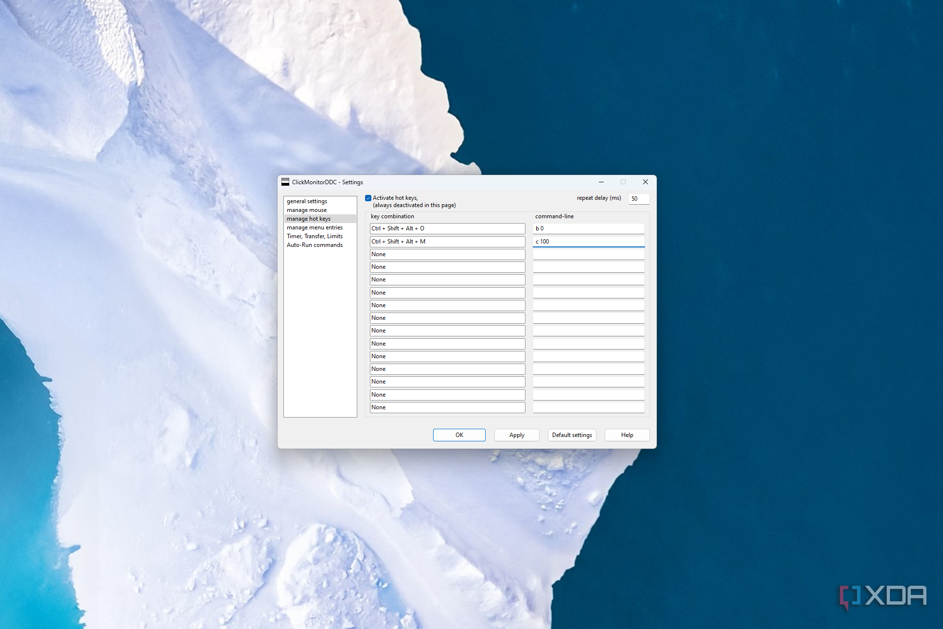 ClickMonitorDDC settings showing keyboard shortcuts assigned to command-line arguments