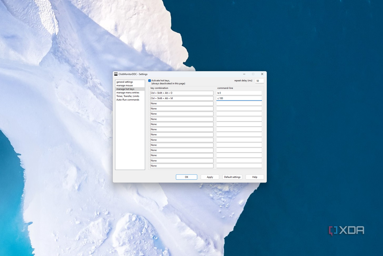 ClickMonitorDDC settings showing keyboard shortcuts assigned to command-line arguments