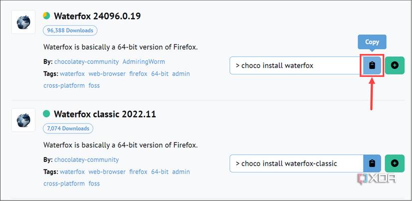 Copy the installation syntax of Waterfox