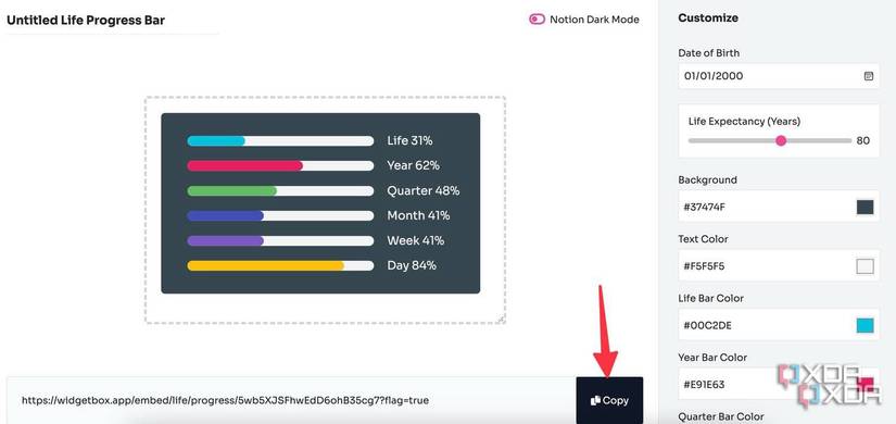 Copy widget link in Notion