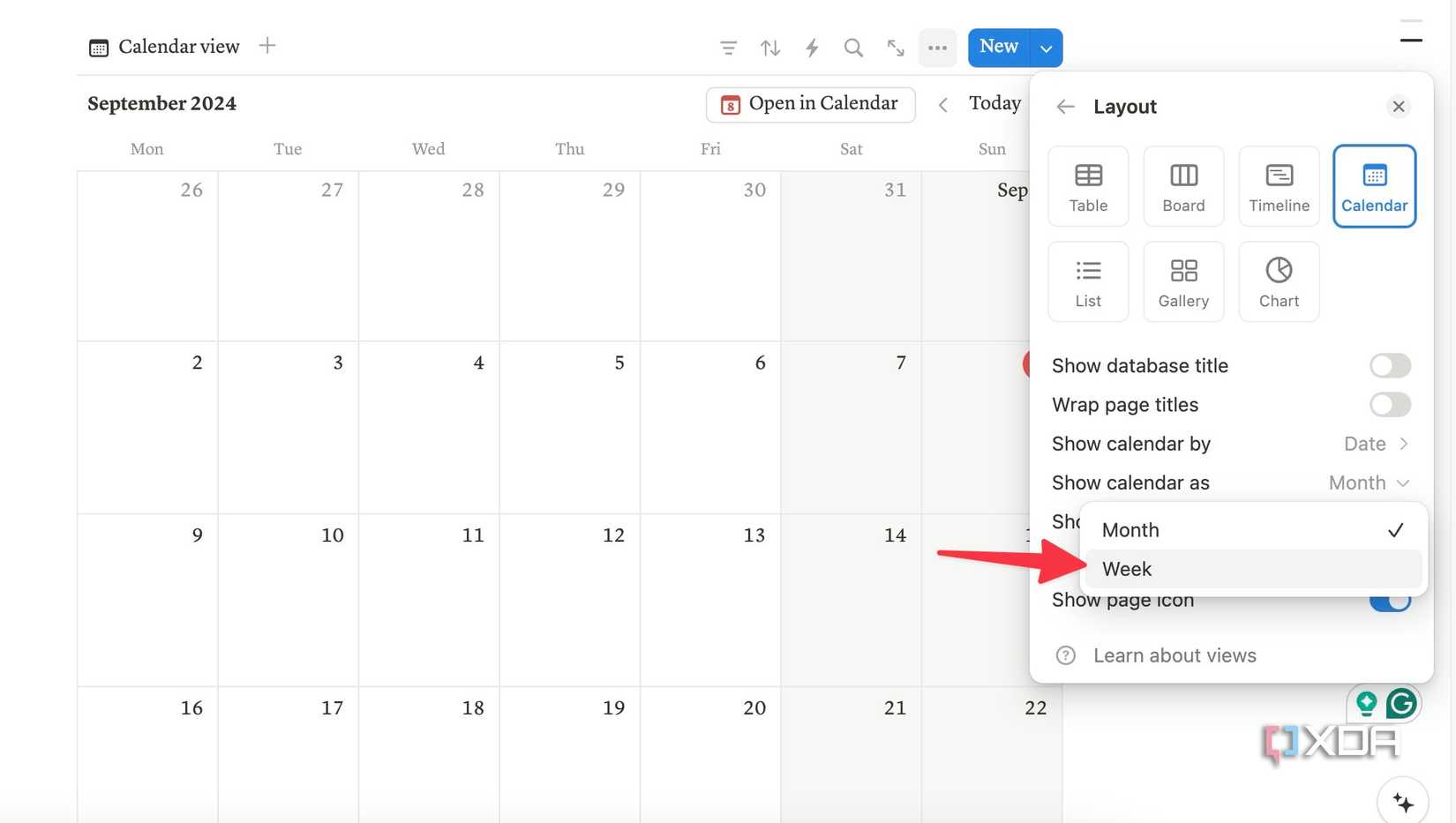 change calendar view in Notion