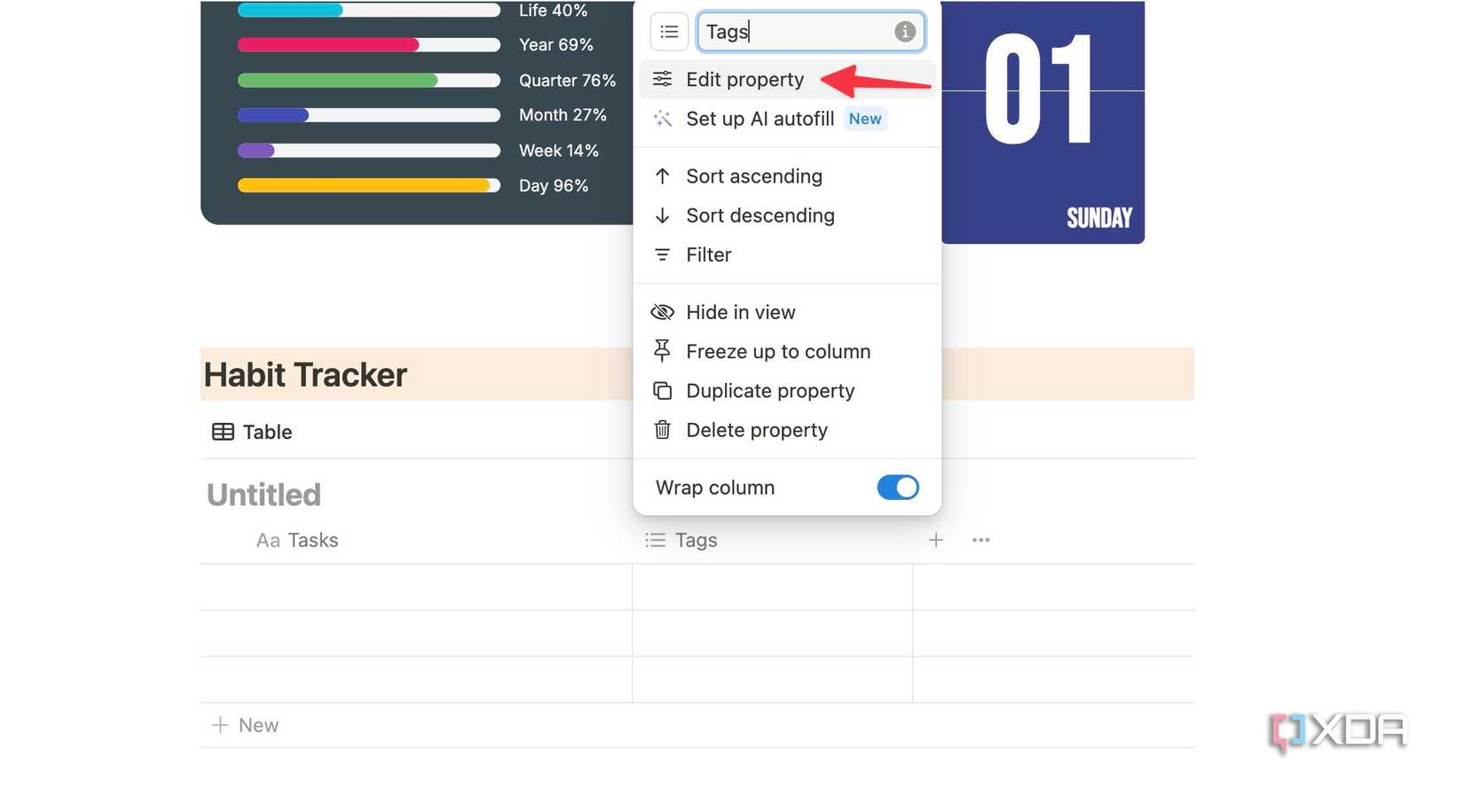 edit column property in Notion