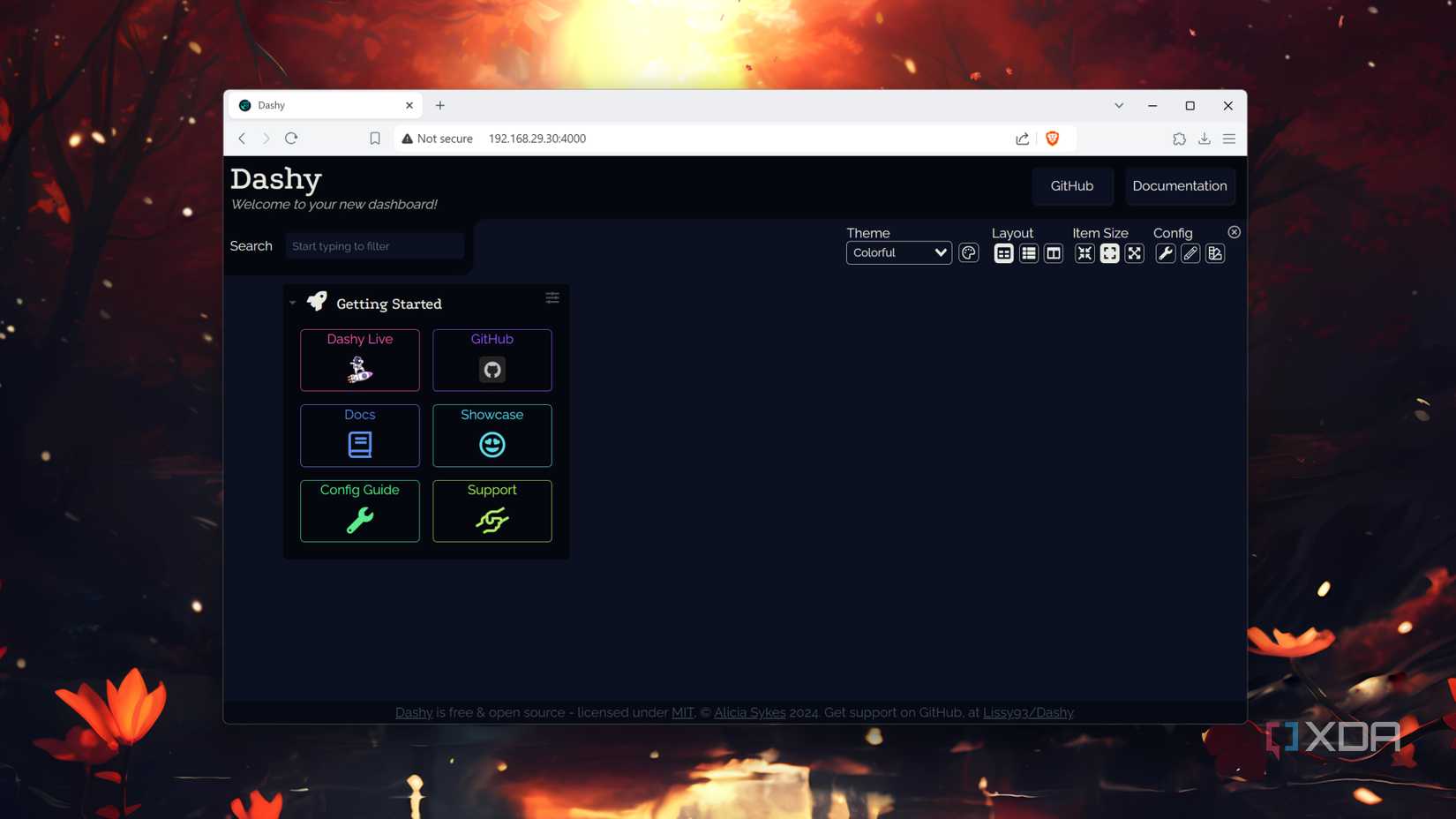 A screenshot of Dashy dashboard on an LXC container