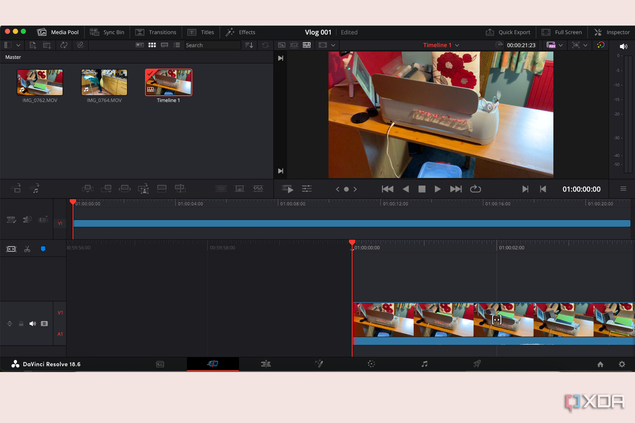 DaVinci Resolve video editor with video of a Cricut machine on the timeline