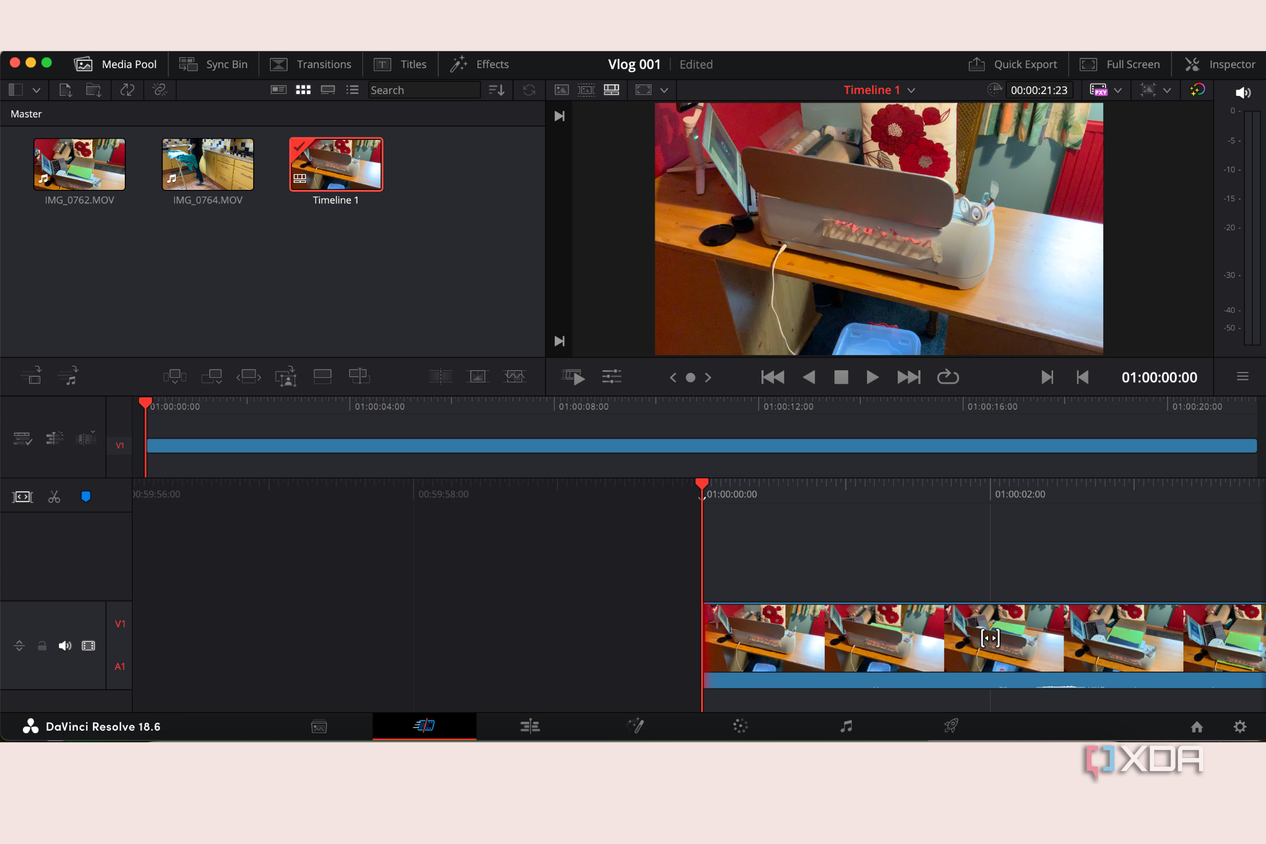 DaVinci Resolve video editor with video of a Cricut machine on the timeline