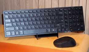 The Dell KM555 keyboard on a stand.