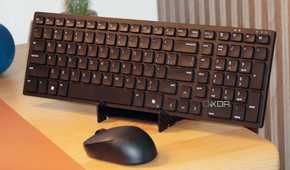 The Dell KM555 keyboard and mouse on a stand.