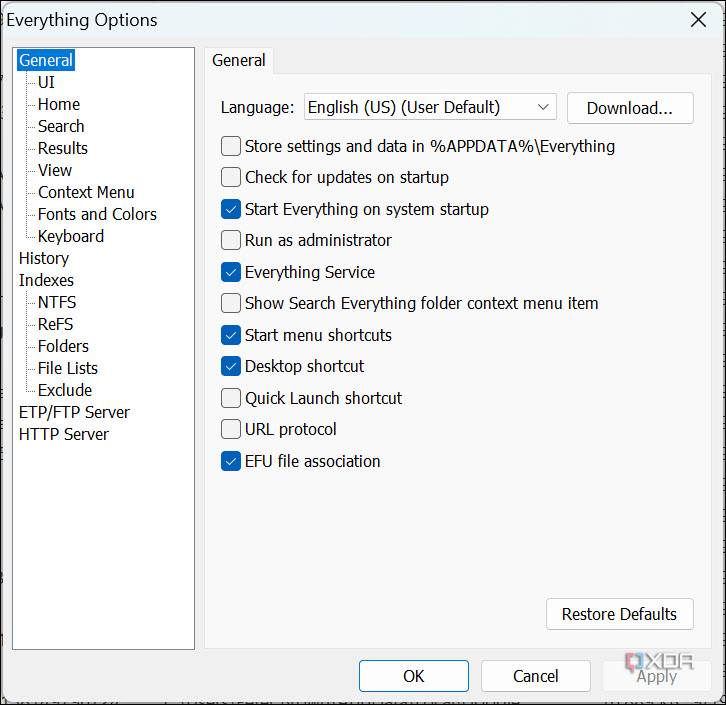 Screenshot of Everything General options