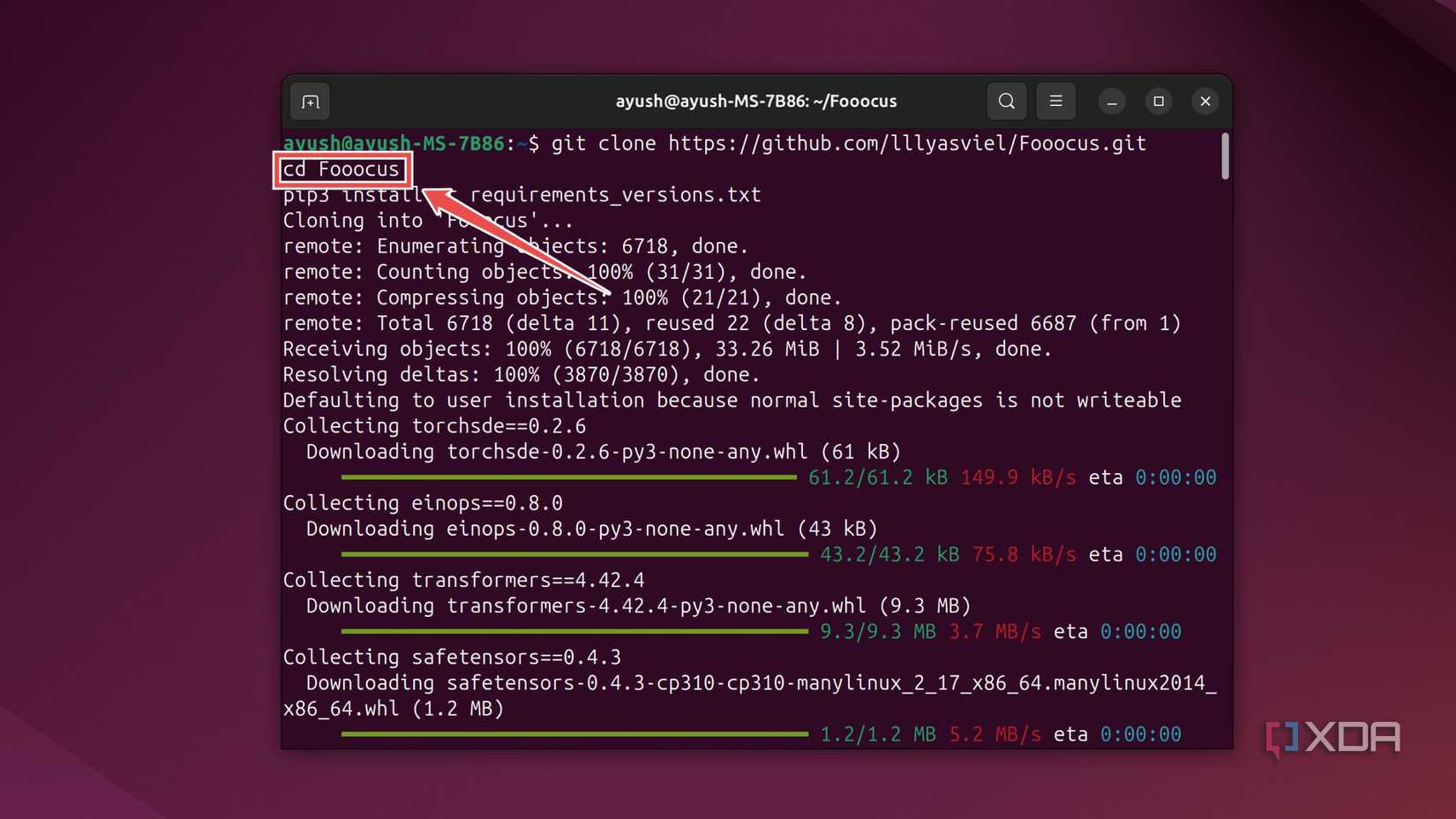 Switching to the Fooocus directory using the Ubuntu terminal