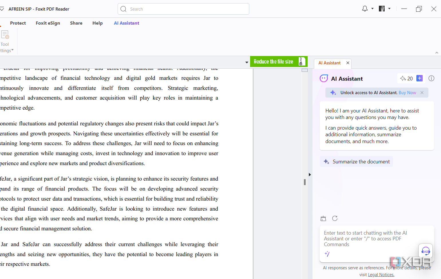 Screenshot showing Foxit PDF Viewer AI assistant