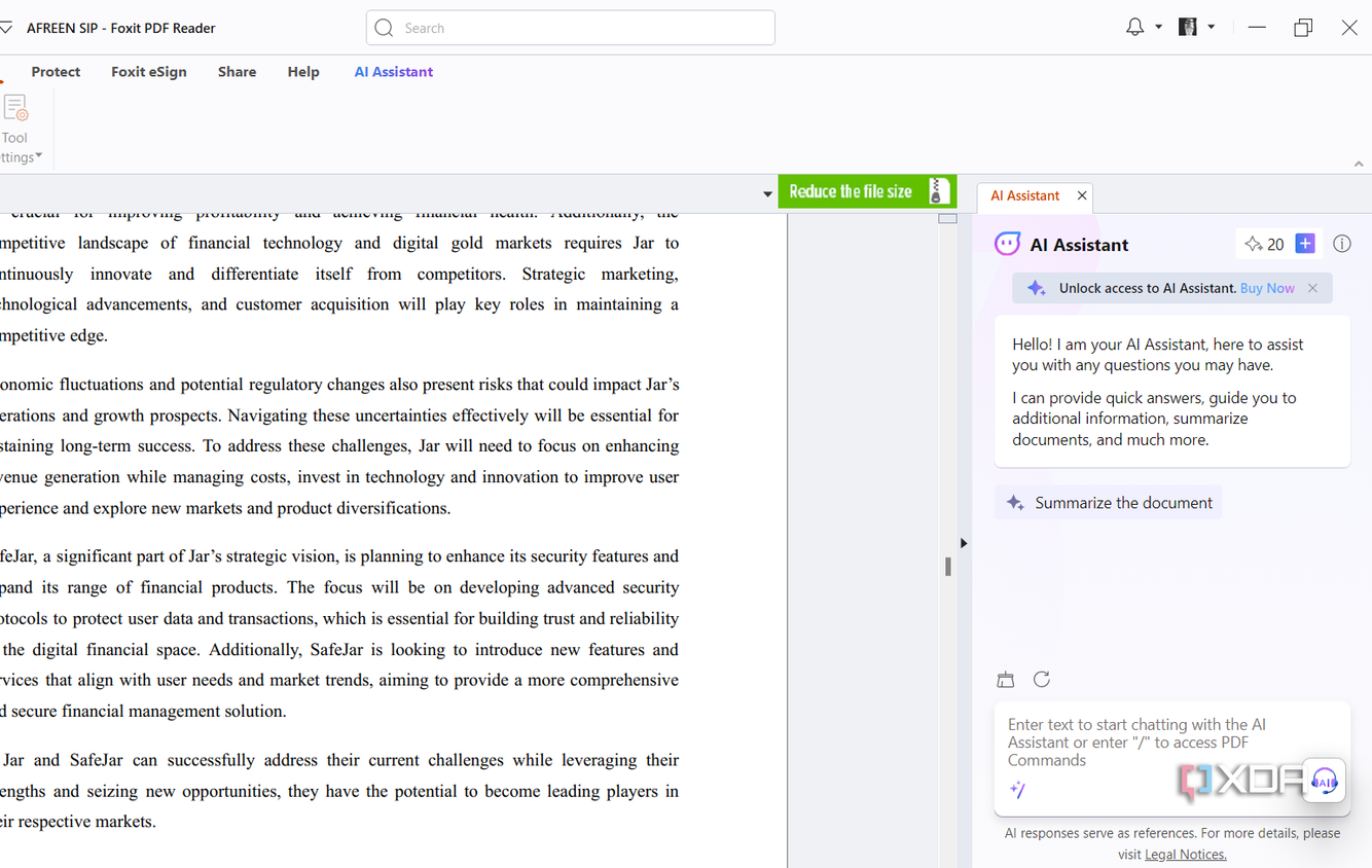 Screenshot showing Foxit PDF Viewer AI assistant