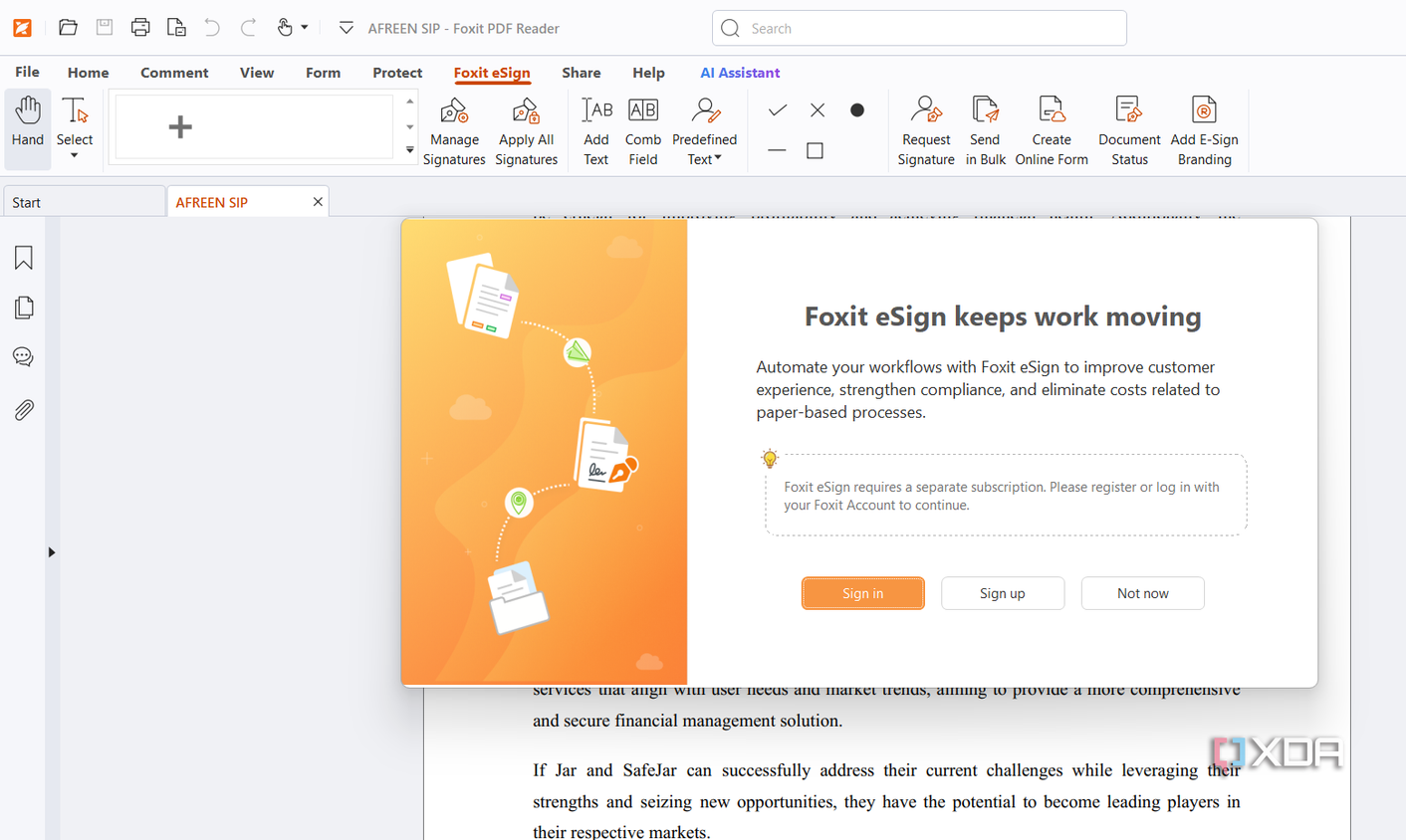 Screenshot showing Foxit PDF Viewer esign tool