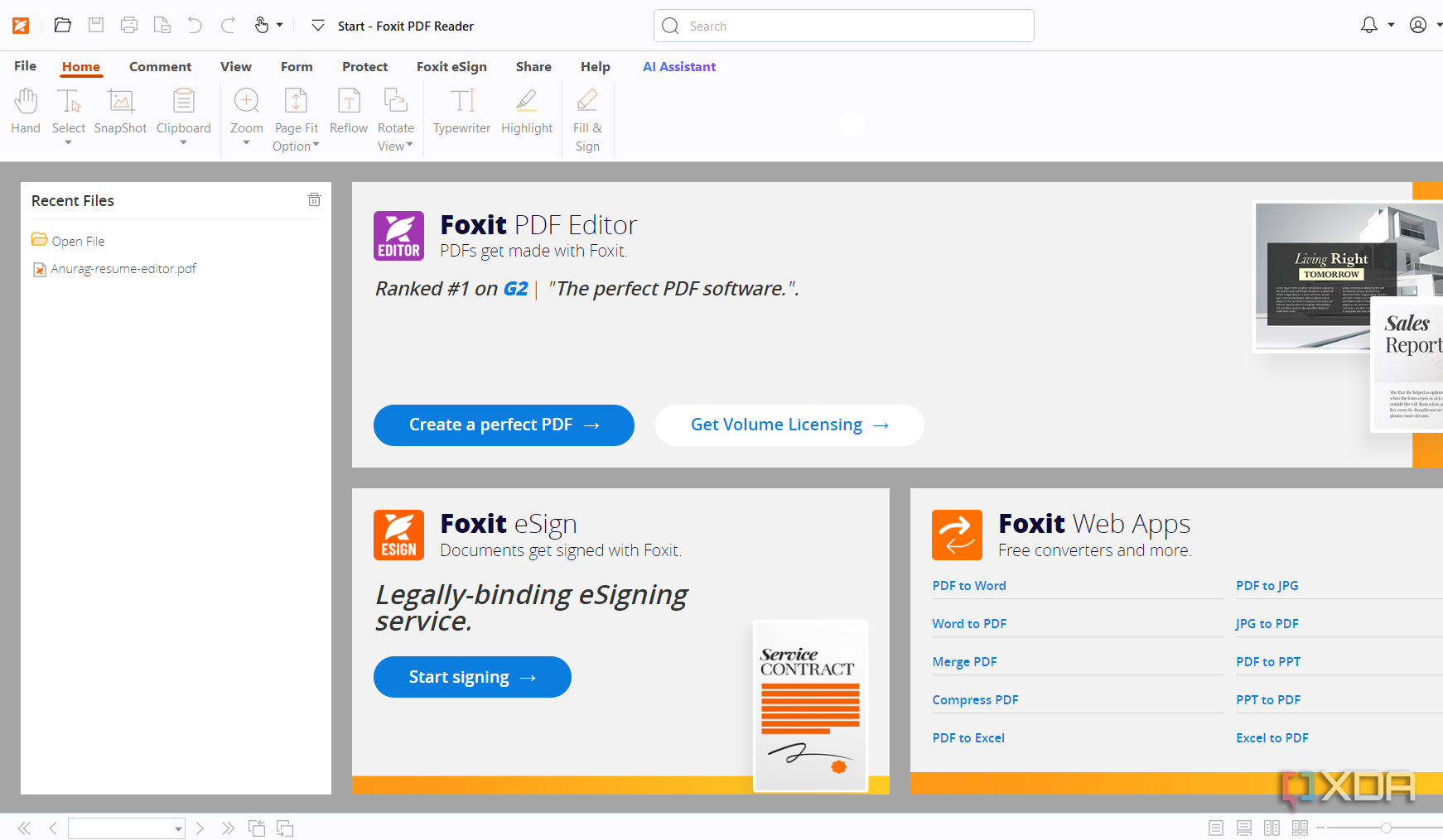 Screenshot showing Foxit PDF Viewer home page