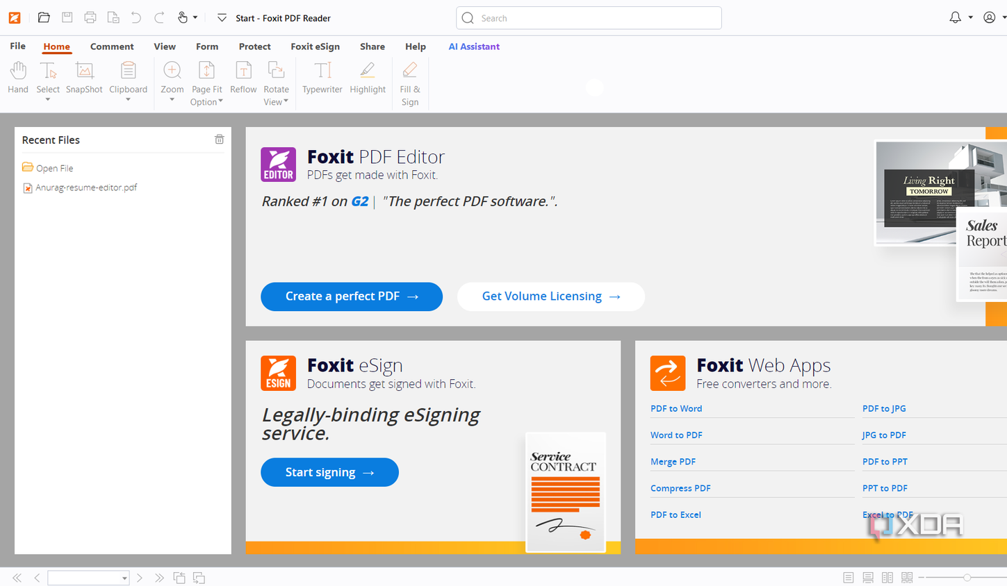 Screenshot showing Foxit PDF Viewer home page