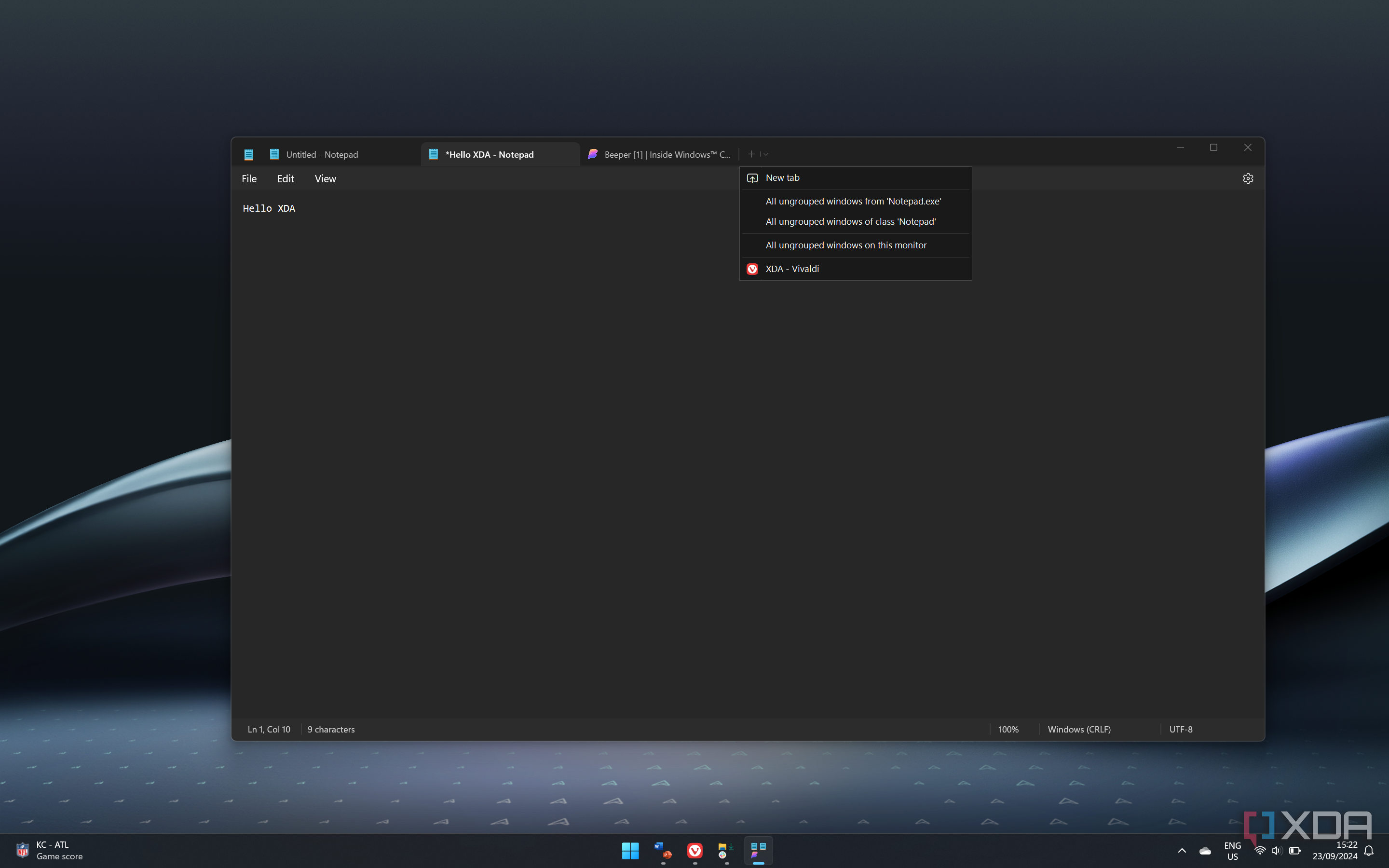 Screenshot of Notepad running inside Groupy with two tabs shown alongside a Beeper tab