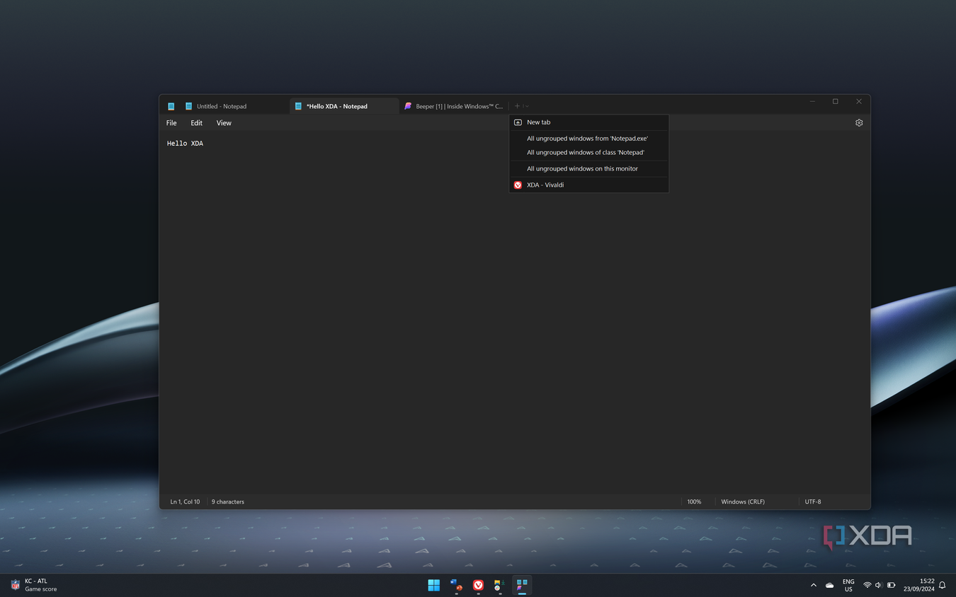 Screenshot of Notepad running inside Groupy with two tabs shown alongside a Beeper tab