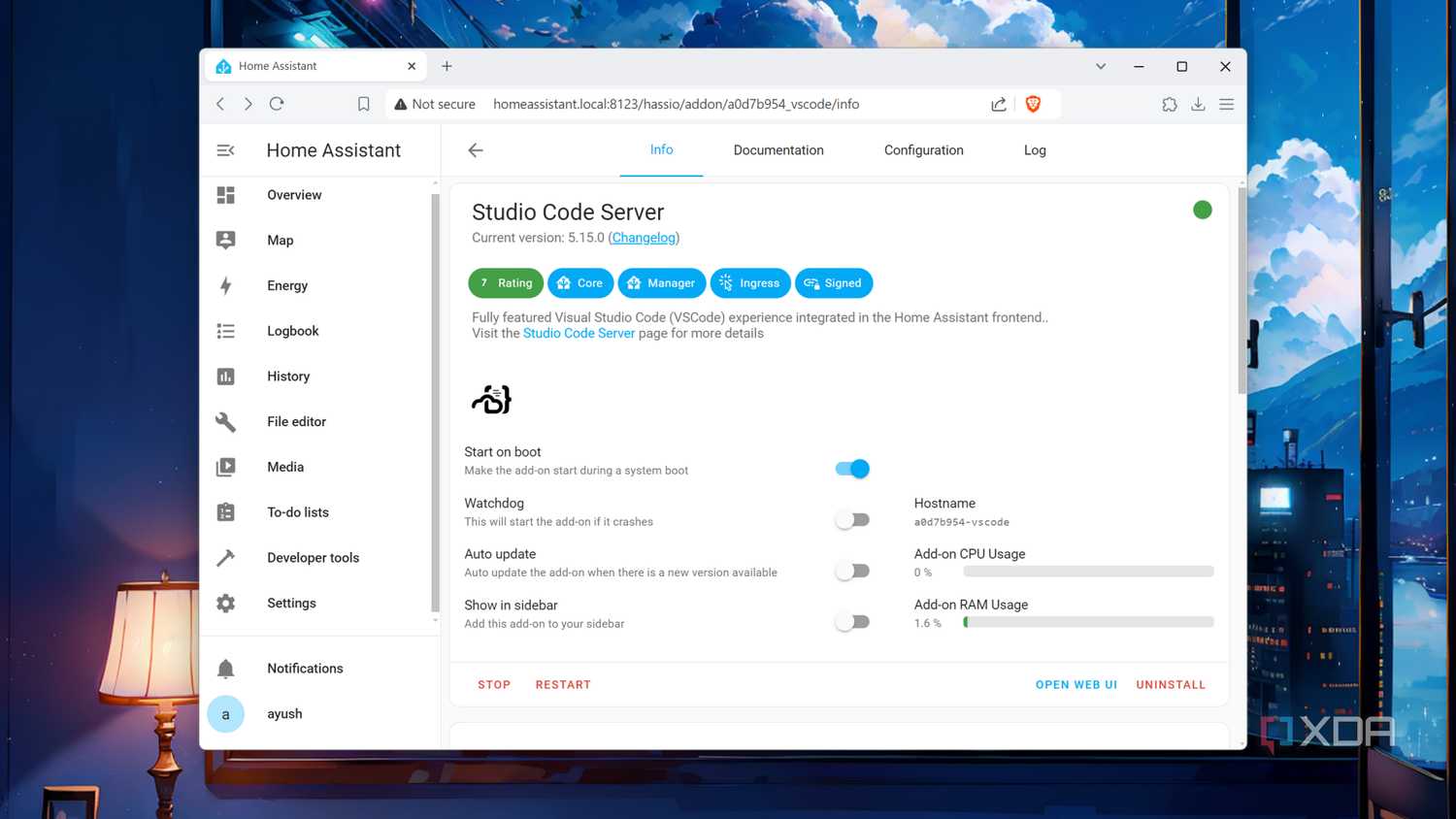 Running the Studio Code Server add-on inside the Home Assistant UI