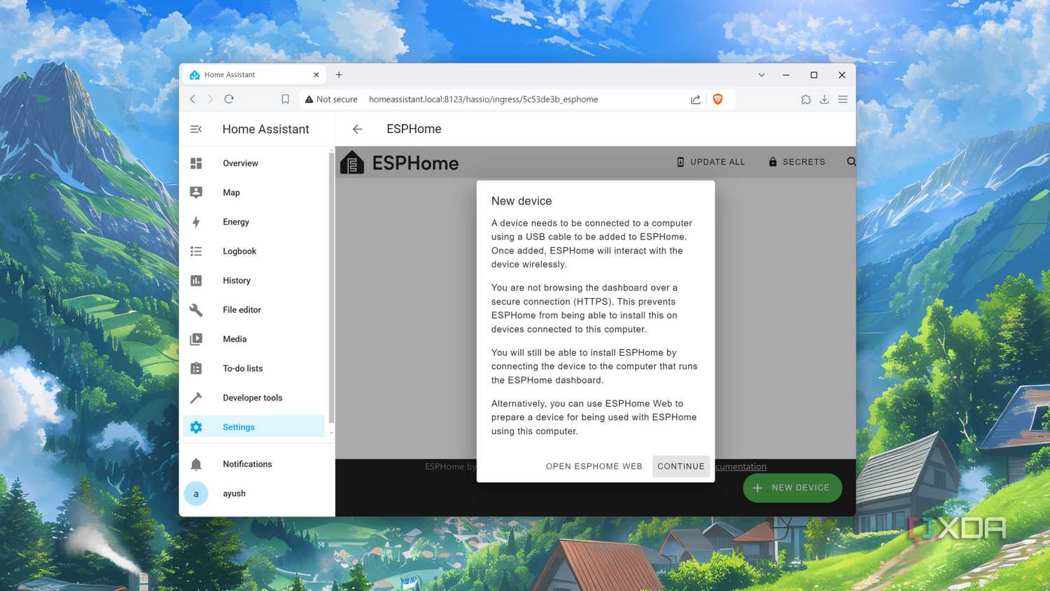 Running the ESPHome add-on inside the Home Assistant UI