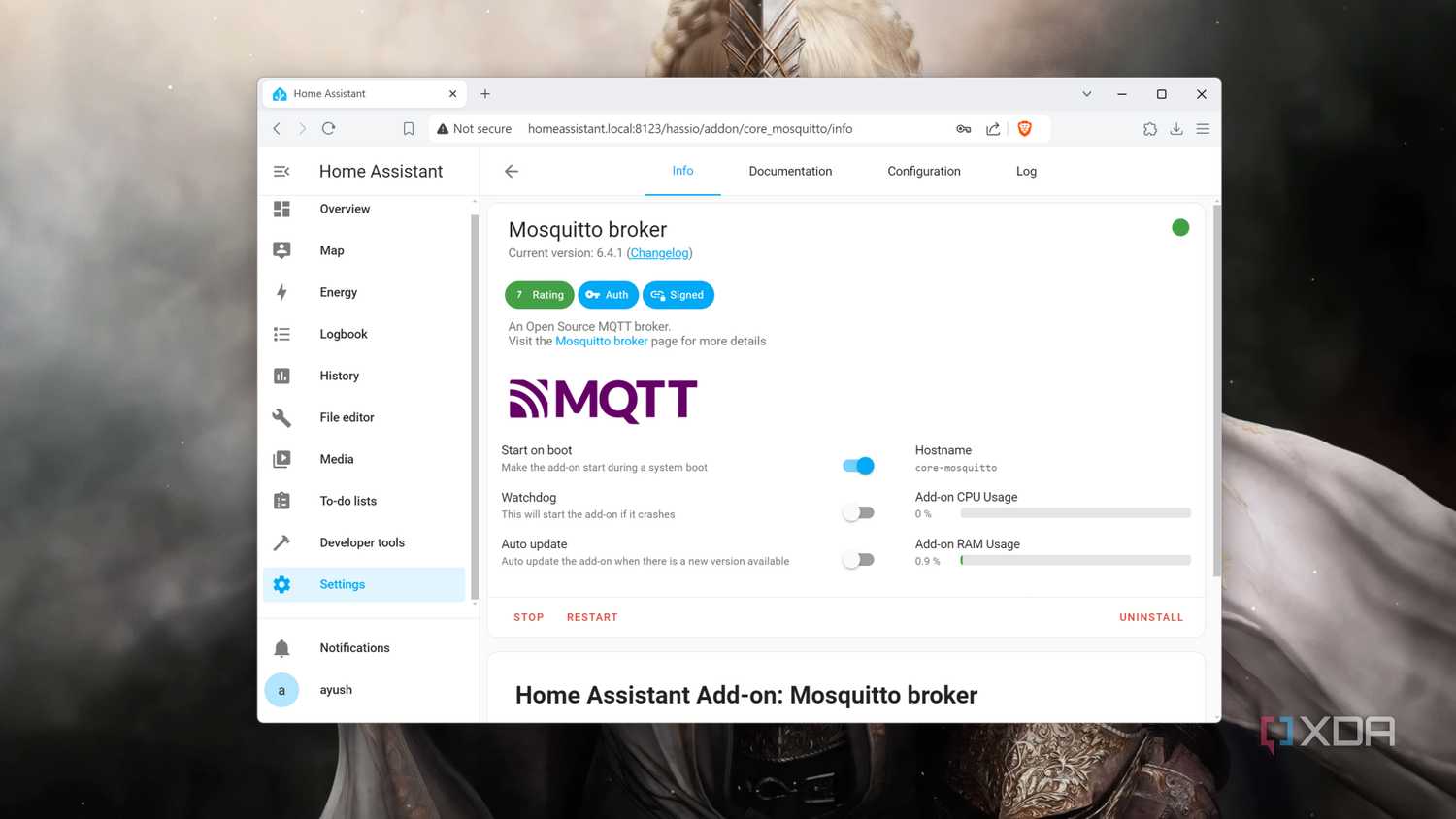 Running the Mosquitto Broker add-on inside the Home Assistant UI
