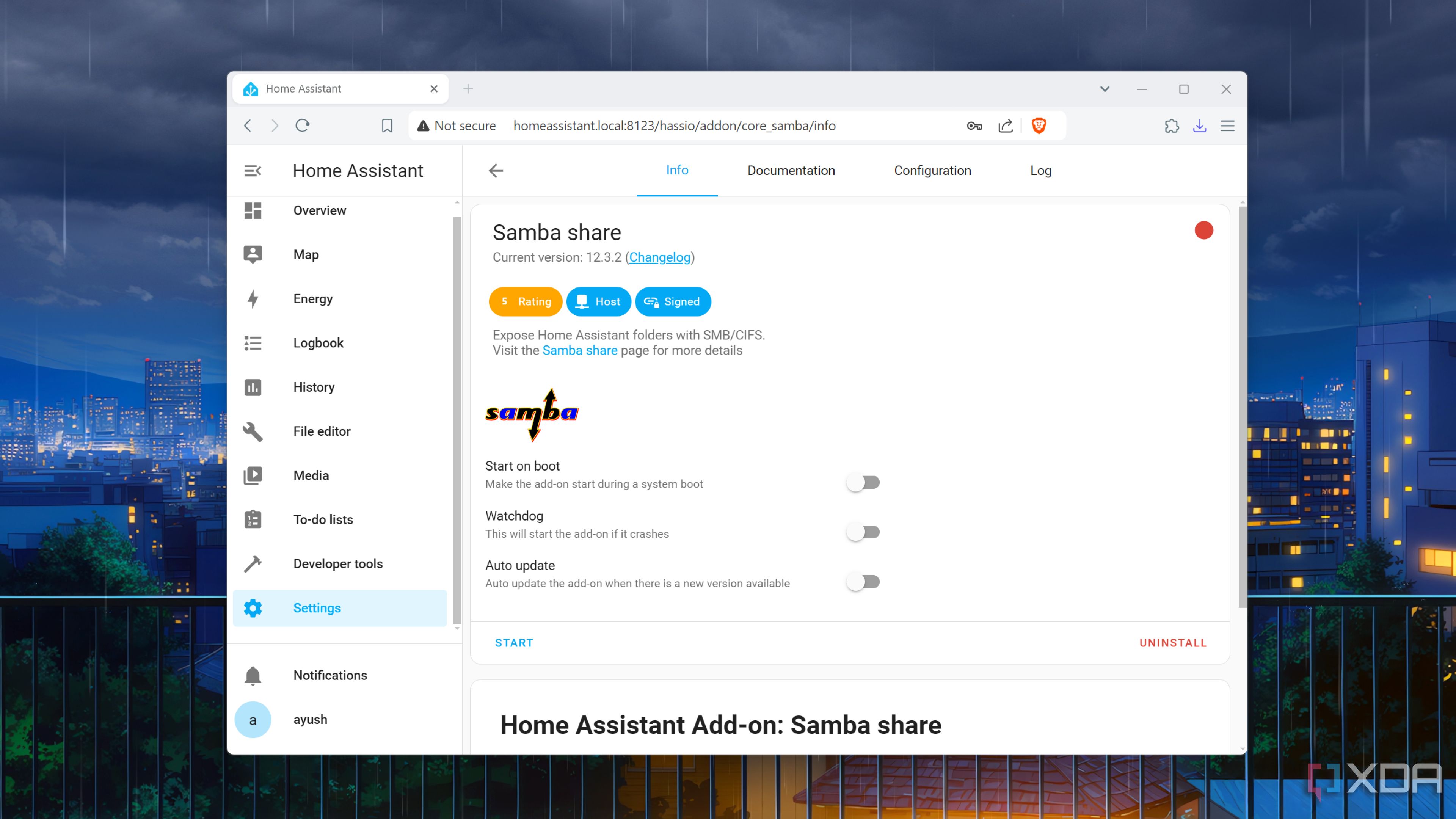 Running the Samba share add-on inside the Home Assistant UI