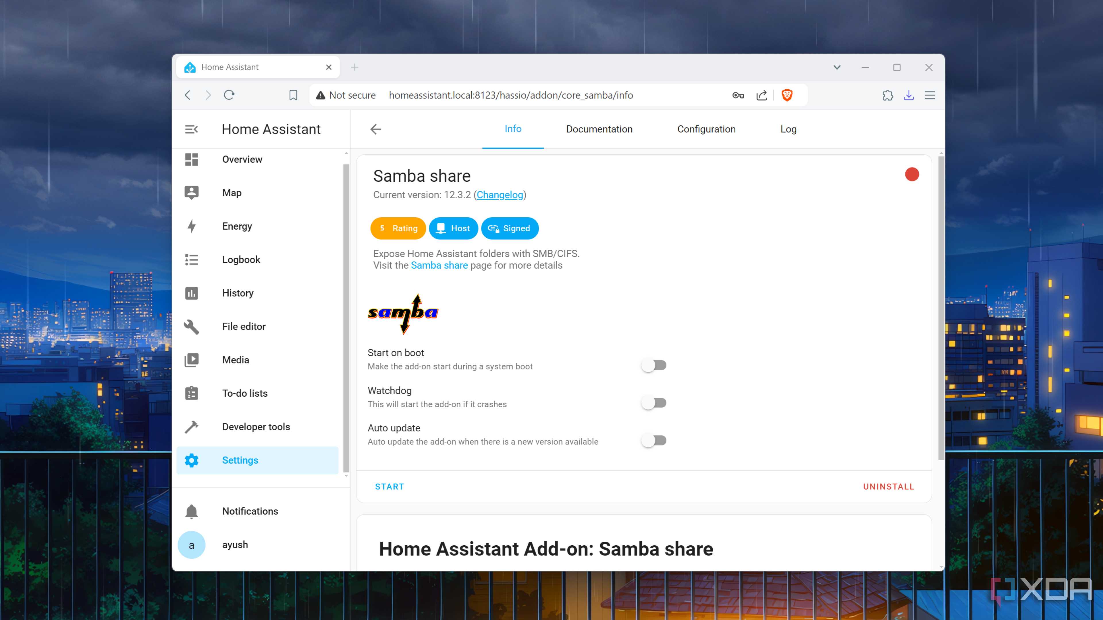 Running the Samba share add-on inside the Home Assistant UI