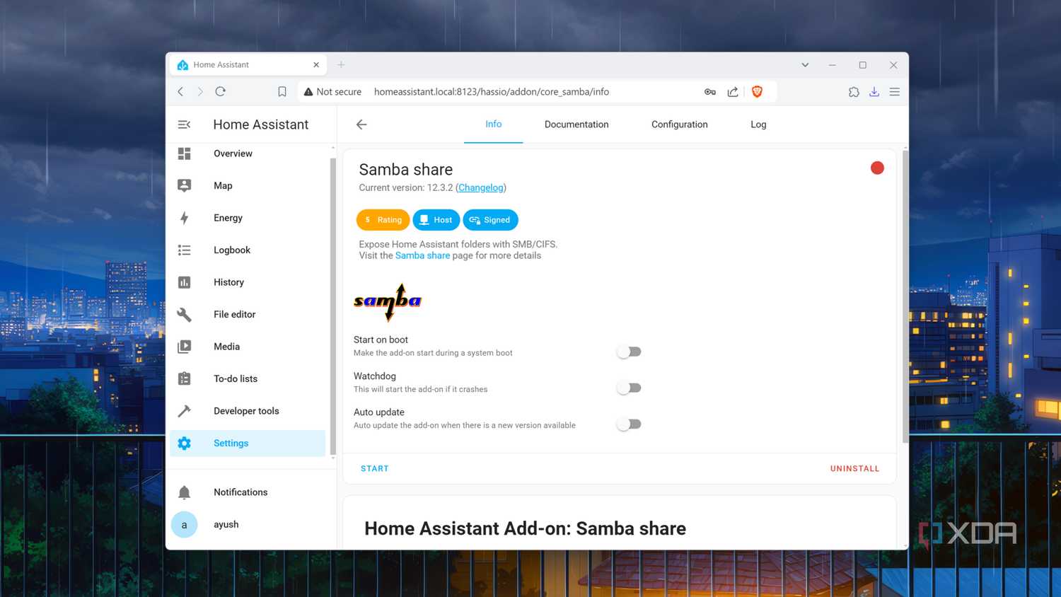 Running the Samba share add-on inside the Home Assistant UI