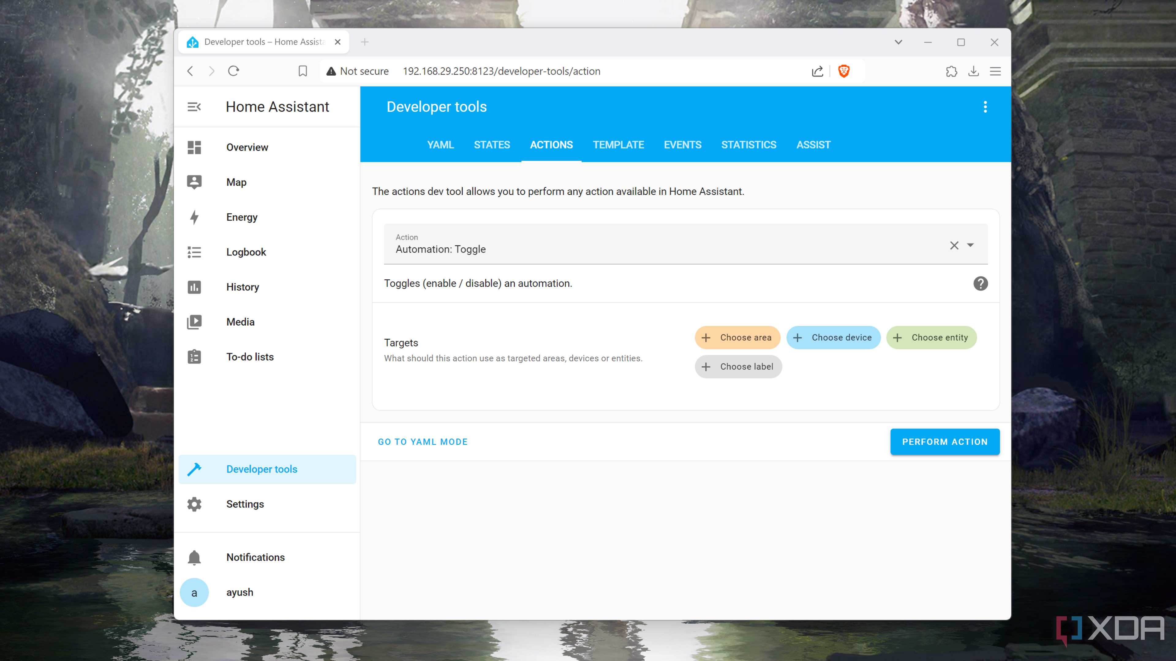 The Actions tab in the Home Assistant UI