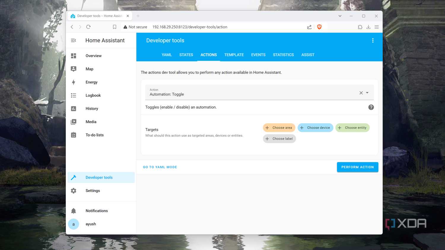 The Actions tab in the Home Assistant UI