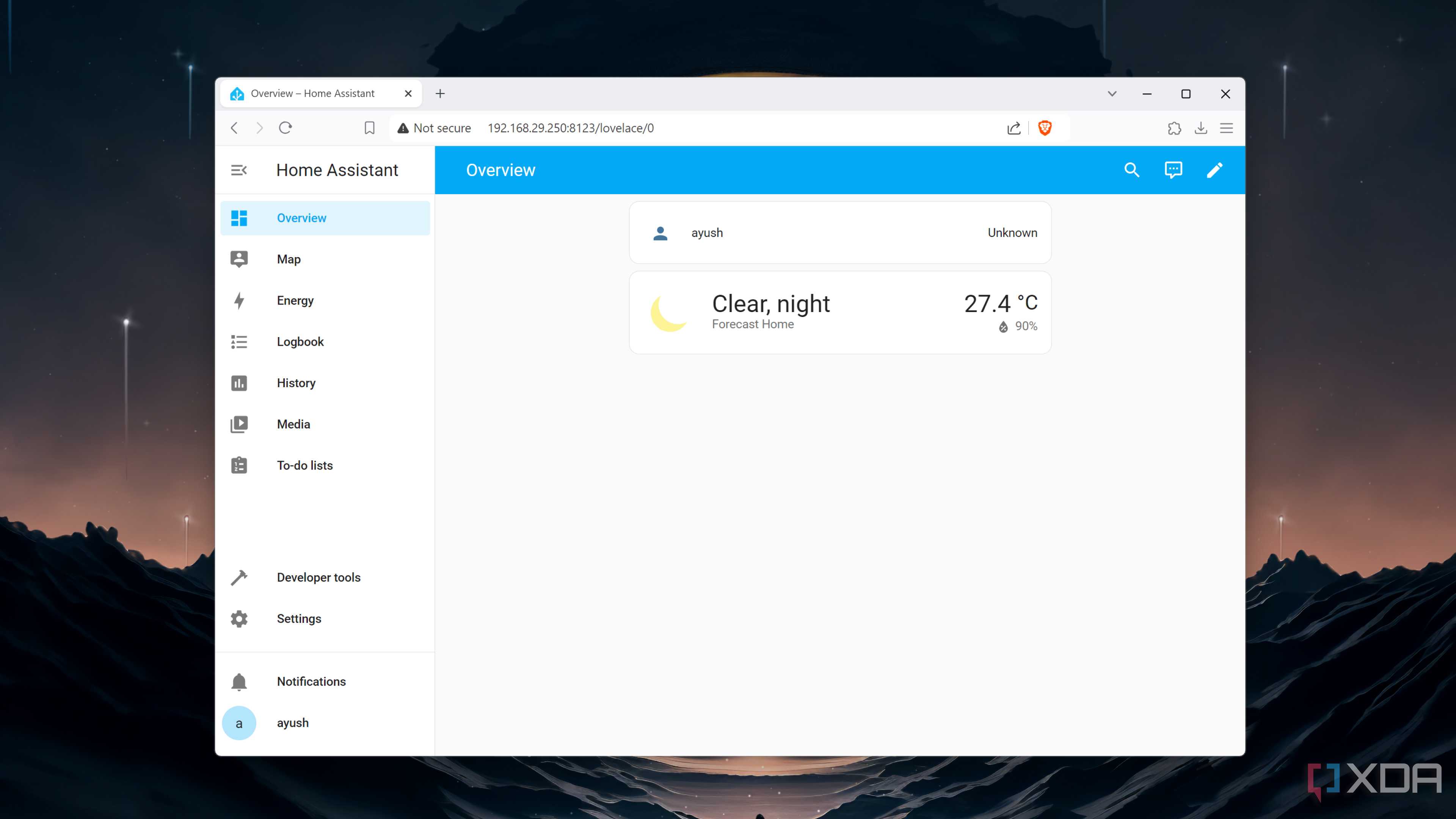 The default Home Assistant dashboard
