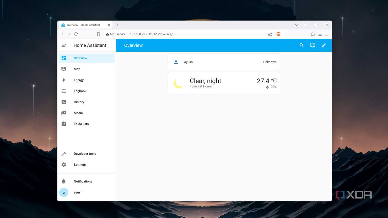 The default Home Assistant dashboard