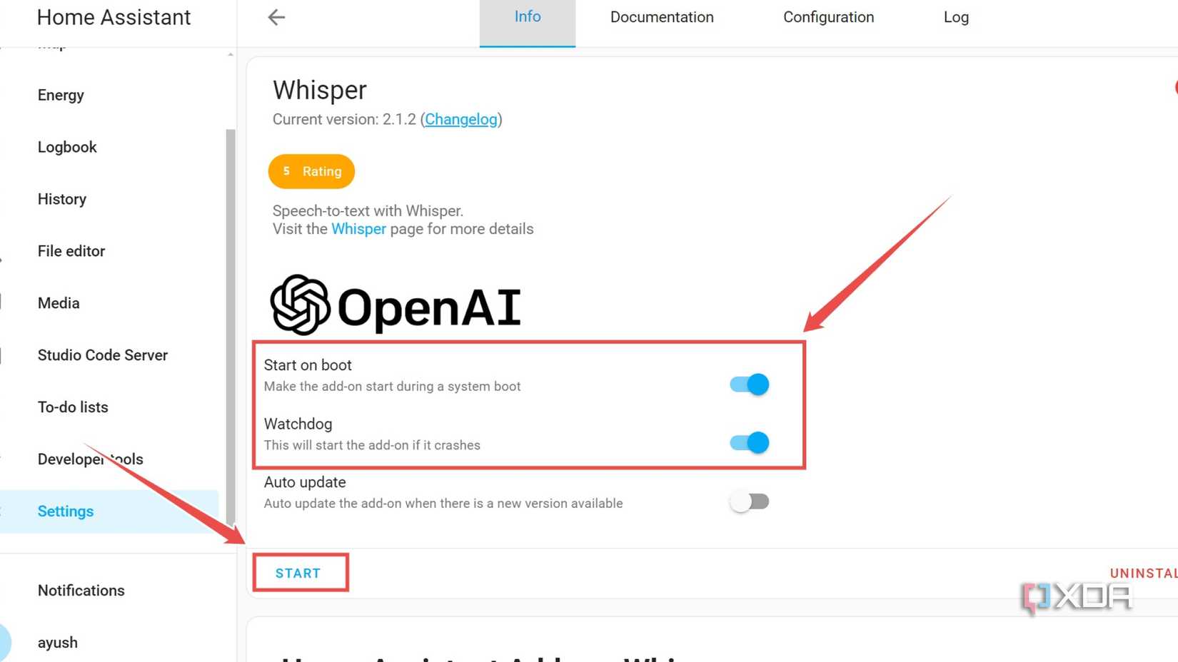 Enabling the Start on boot and Watchdog toggles for Whisper in Home Assistant