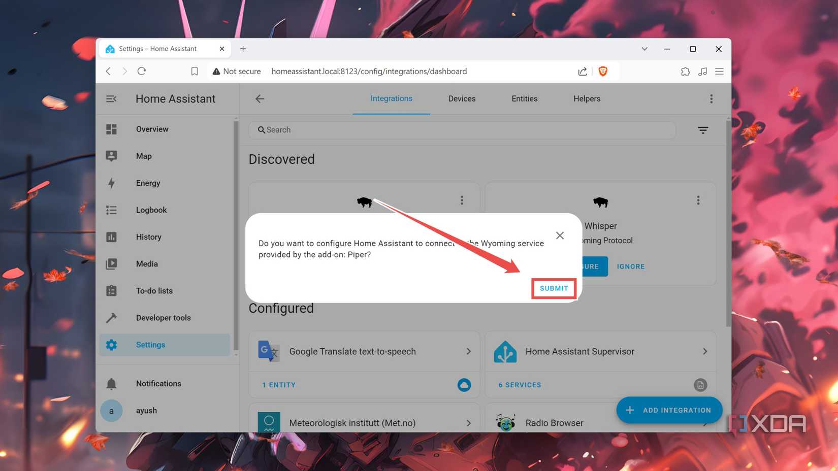 Clicking on the Submit button inside the Home Assistant web UI