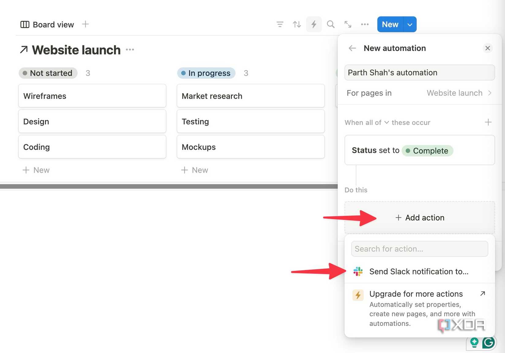 Add action in Notion