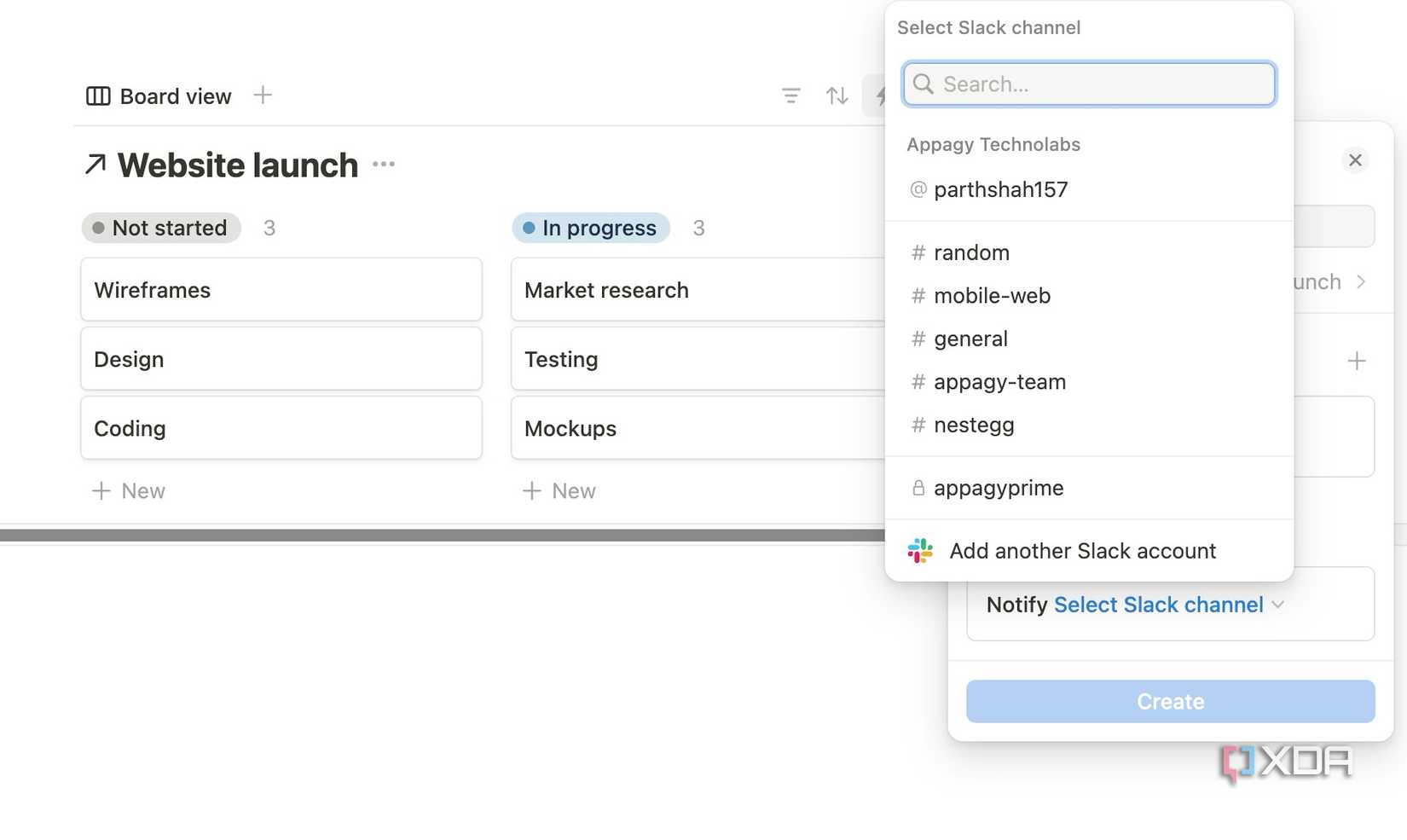 Select Slack channnel in Notion