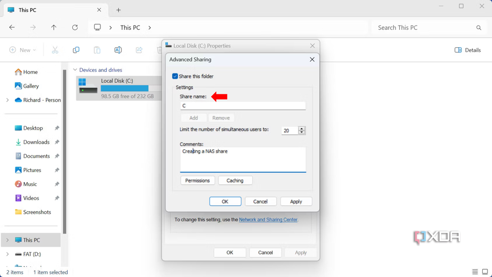 How to share a storage pool in Windows 11- Share name