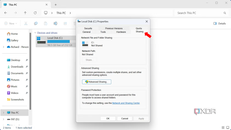 How to share a storage pool in Windows 11- Sharing tab