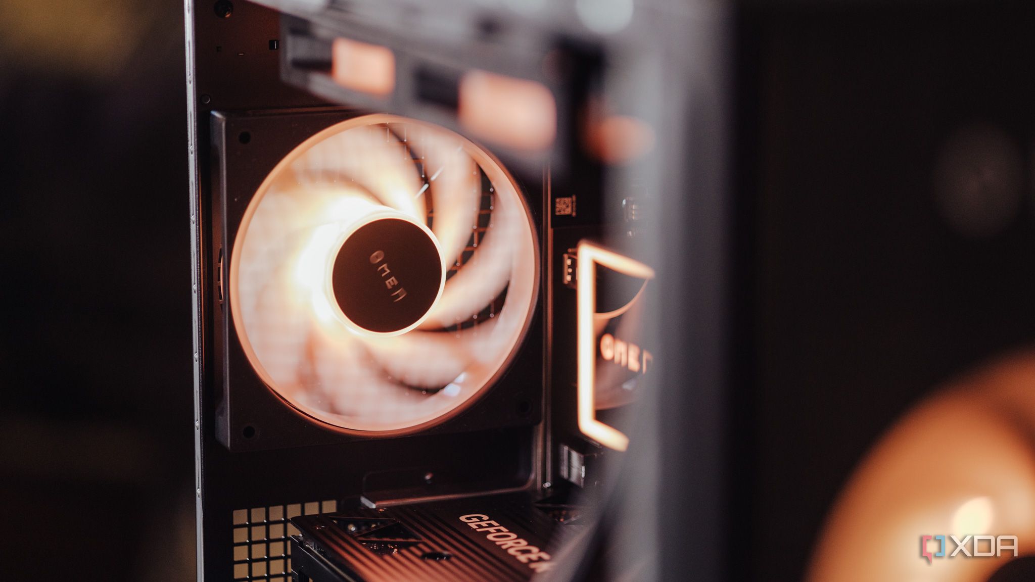 Rear-mounted exhaust fan on a PC glowing orange