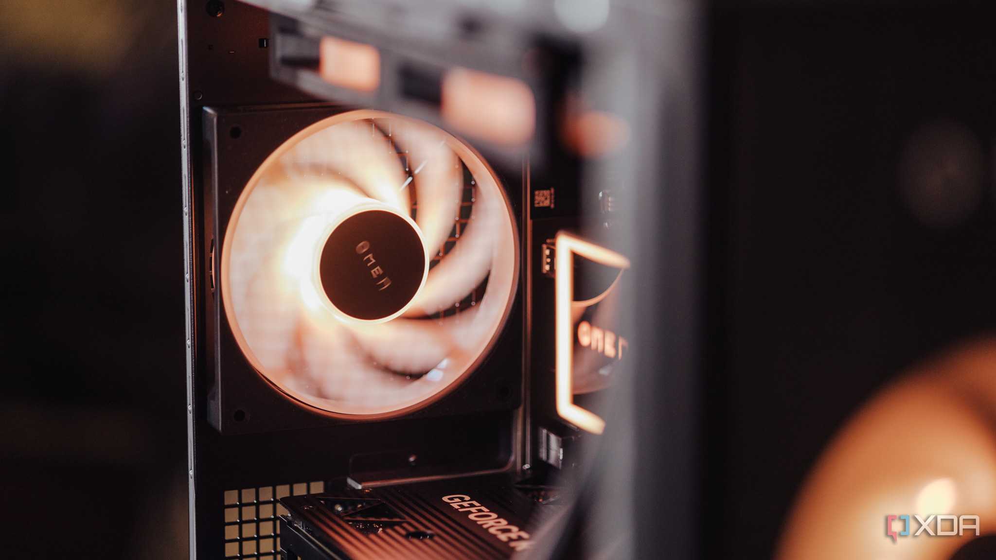 Rear-mounted exhaust fan on a PC glowing orange