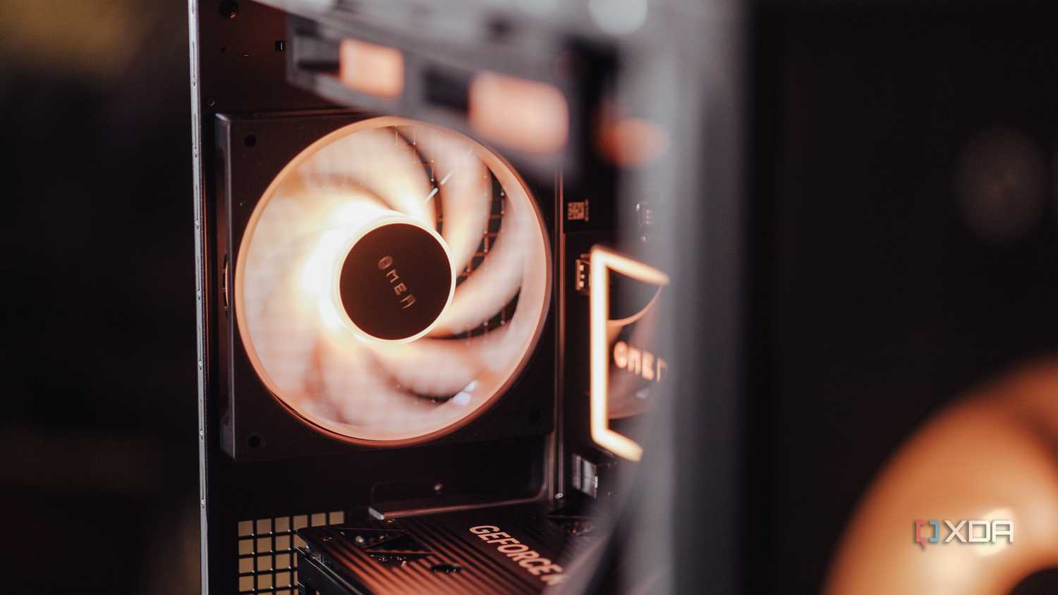 Rear-mounted exhaust fan on a PC glowing orange