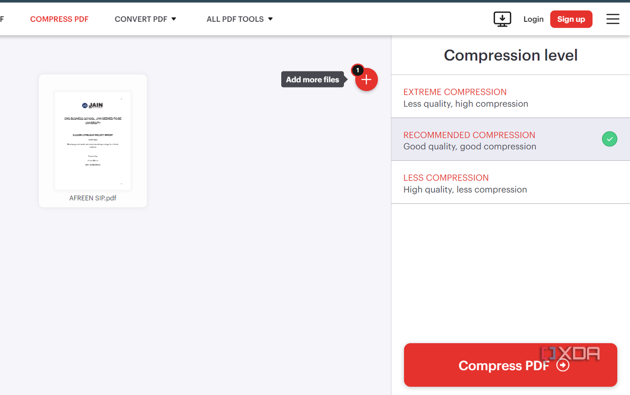Screenshot showing iLovePDF compression tool