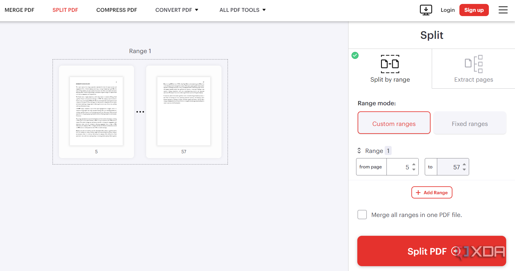 iLovePDF Split PDF টুল – রেঞ্জ সিলেক্ট অপশন