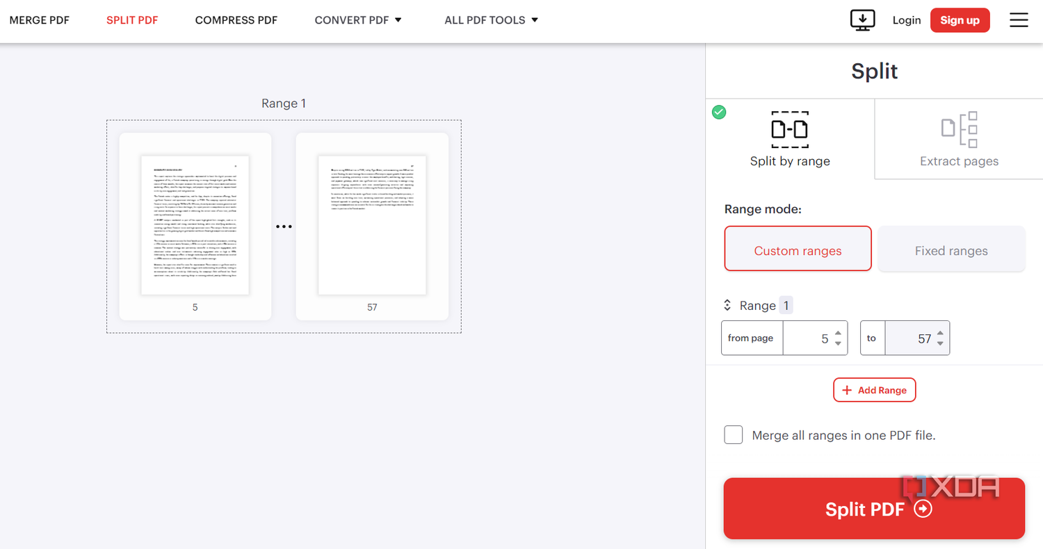 Screenshot showing iLovePDF pdf split tooks