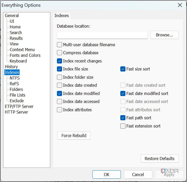 Screenshot of Indexes section Everything app